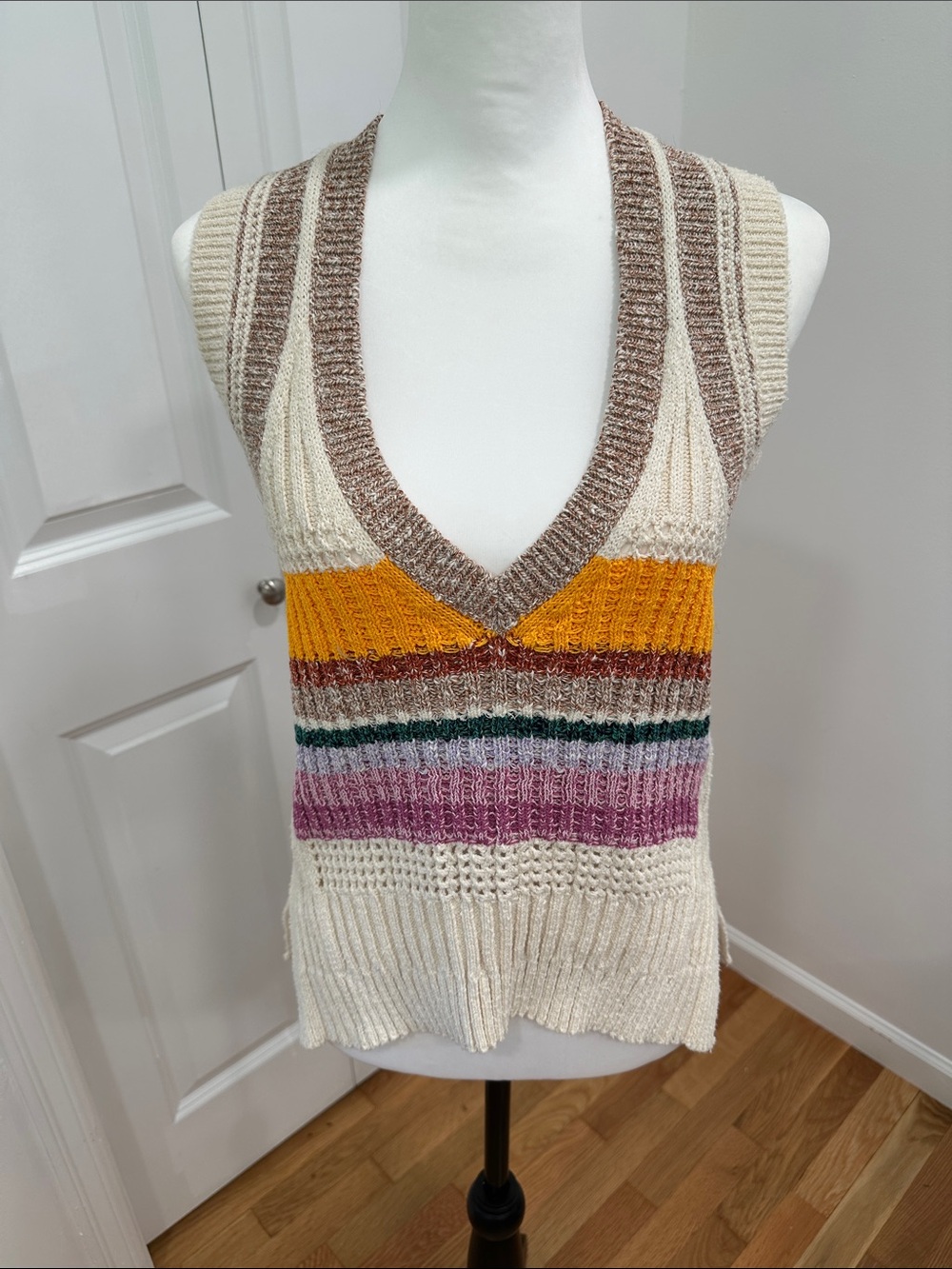 NWT Anthropology Striped Knit V-Neck Sweater Vest in Cream & Multicolor